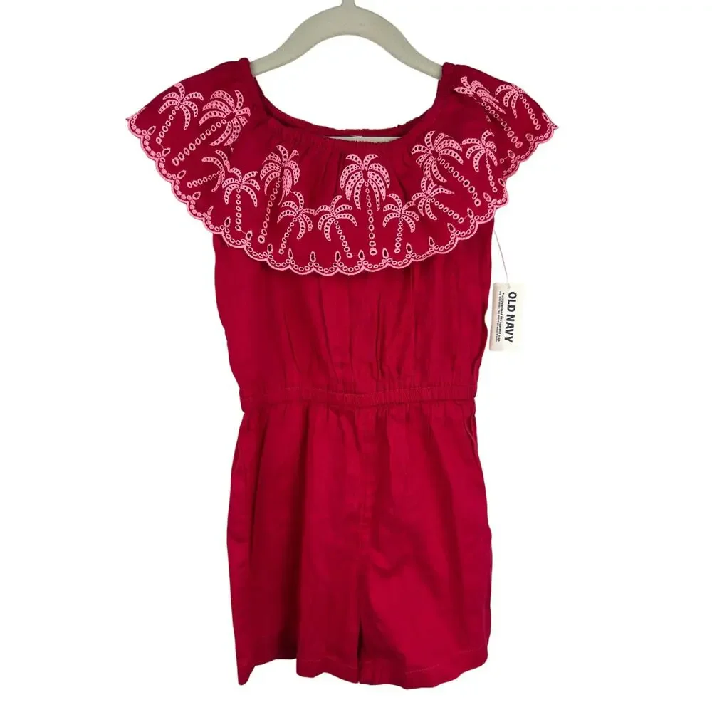 Old Navy Pink Embroidered Palm Ruffle Romper Girls 4T Cotton Summer Playwear